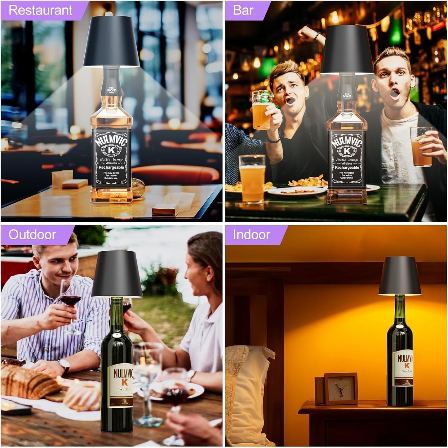 Full view of LED lamp shade mounted on whiskey bottle creating a stylish decorative table lamp for bedroom and bar setup.