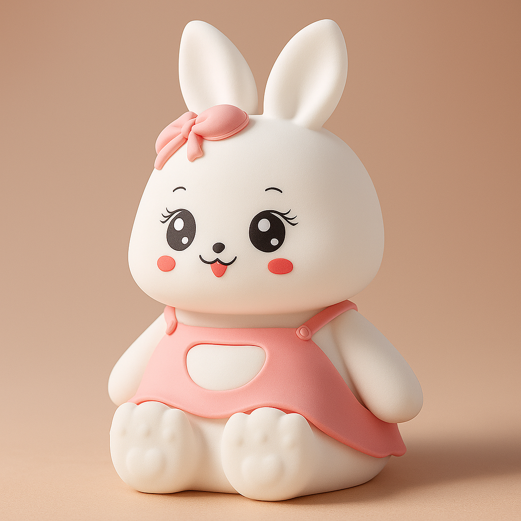 Cute silicone bunny night light in pink dress with bow — soft glow kids’ bedroom lamp, adorable bedside decor for toddlers.