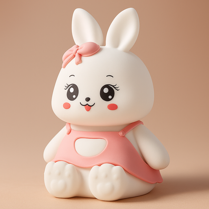 Cute silicone bunny night light in pink dress with bow — soft glow kids’ bedroom lamp, adorable bedside decor for toddlers.