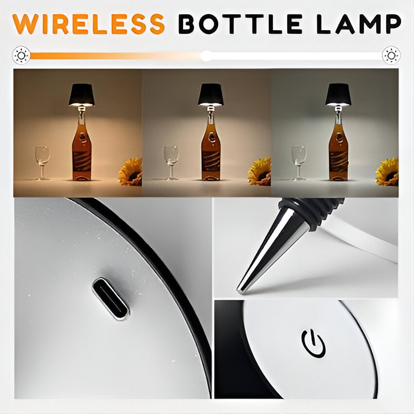 Neutral white LED bottle lamp shade placed on wine bottle, DIY decorative lighting for living room and restaurant décor.