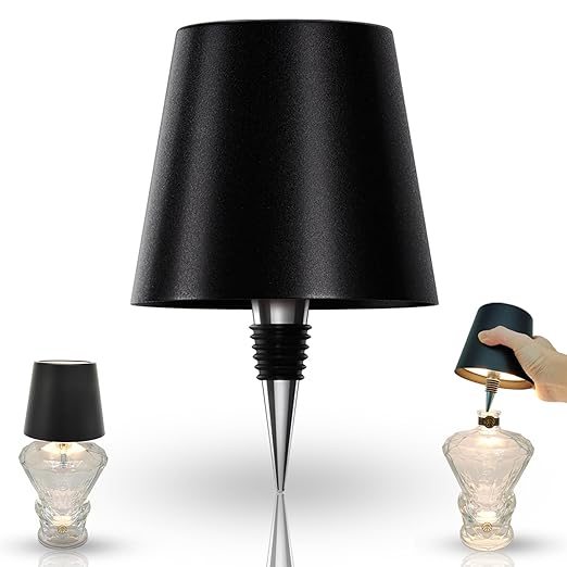 Bottle top LED lamp shade with metal spike fitting, converts wine and whiskey bottles into decorative ambient lamps.