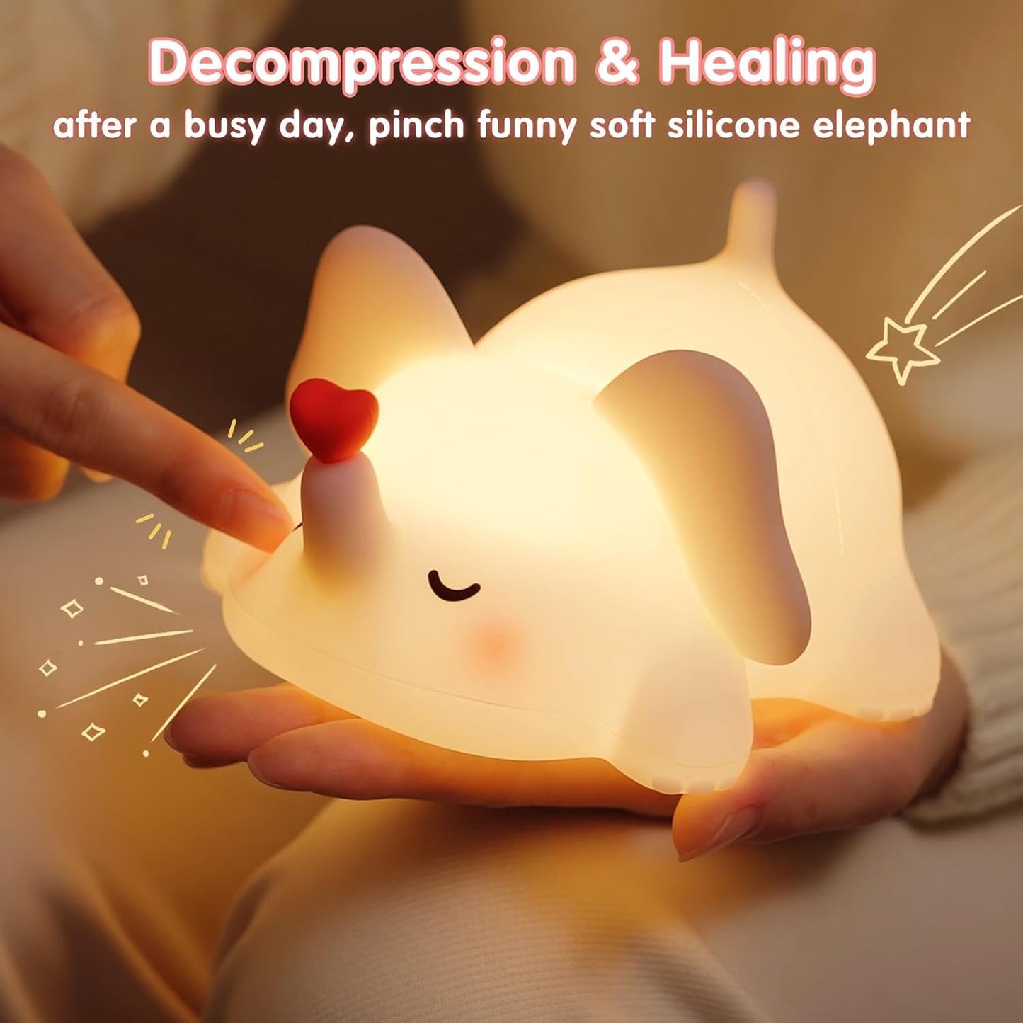 Cozy Elephant Night Light – 3-Level Dimming | Pat Control |  8–12 Hrs Battery Life