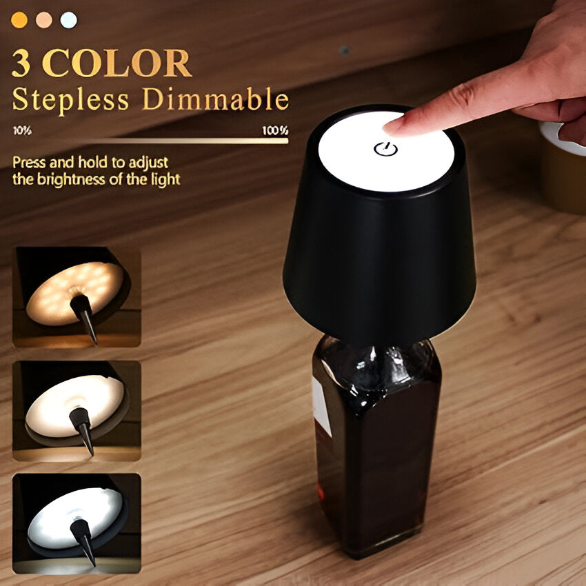 Cool white bottle top lamp on glass bottle, modern ambient LED light for bar counter and home decoration.