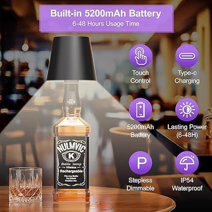 Hand attaching screw-fit bottle lamp shade onto bottle opening, easy DIY installation of LED wine bottle lamp.
