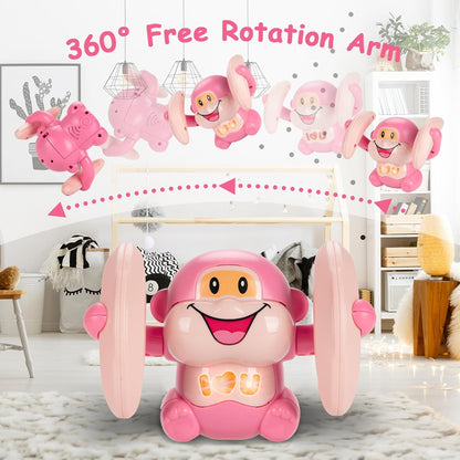 Pink toy with a 360-degree rotation arm in a room setting